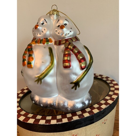VTG 90s Primitive Snowman Couple Blown Glass Hand Painted Ornament w Box Xmas - Picture 5 of 16